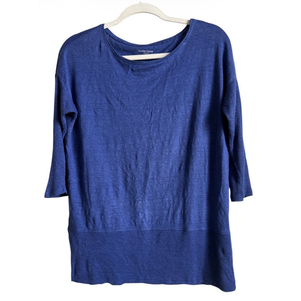 EILEEN FISHER Organic Linen Knit Top Blue Bateau Neck Slub Ribbed Hem Pullover S